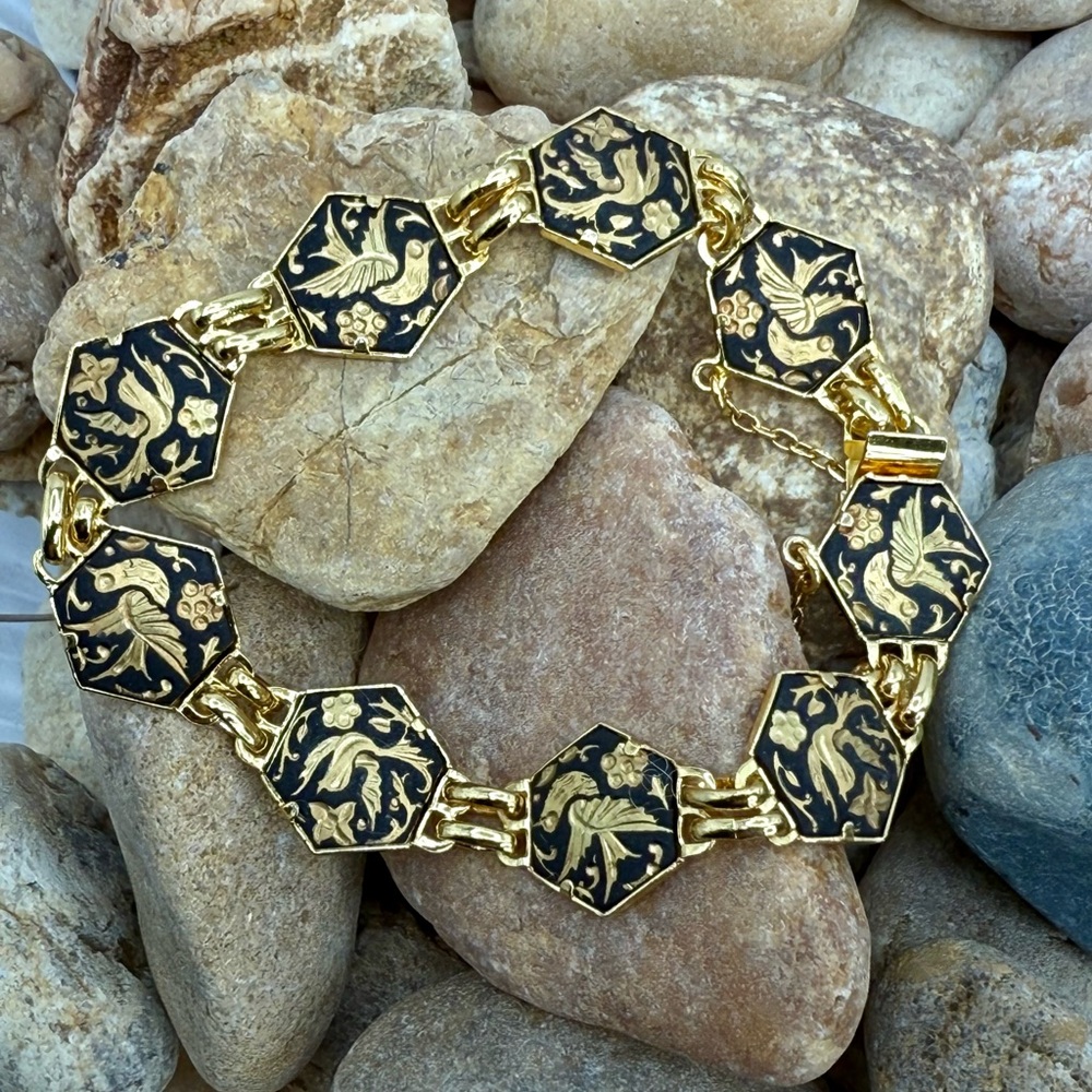 Vintage Toledo Damascene Spain Bird Floral Gold Black Bracelet 7.75”–8” - Picture 3 of 17